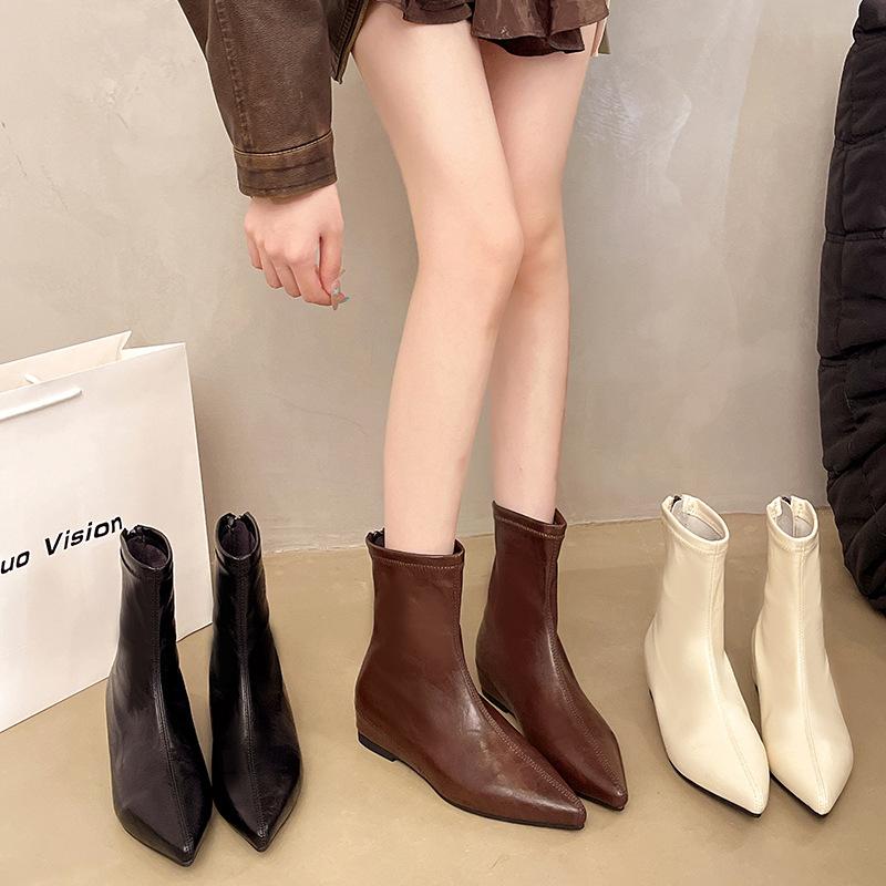 Korean Version of Pointed Short Tube Thin Boots Women's Boots Autumn and Winter New Models with Skirts French Thin Short Boots and Bare Boots