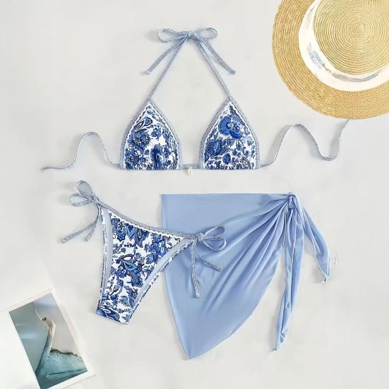 3Pcs/Set Swimsuit Set Halter Chest Pads No Steel Support Bra Swimming Briefs Cover Up