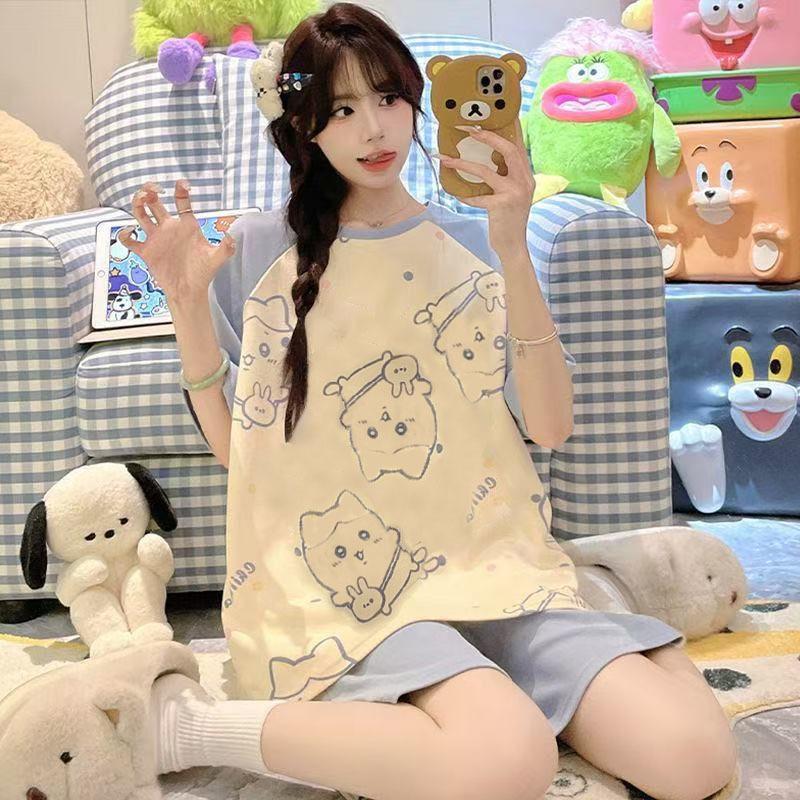 

GMXIA Cute Panda Pajamas for Women In Summer, Short Sleeves and Shorts, Large-sized and Thin Summer Casual Home Wear Set XXL