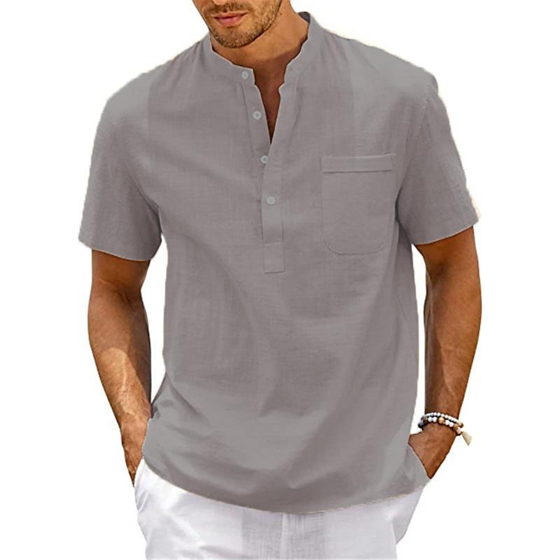 

2026 Men s Linen Shirts Short Sleeve Stand Collar Casual Summer Home Daily Shirt US Size M серый