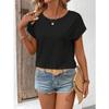 Summer Back Lace Splicing Short Sleeved T-shirt O Neck Loose Office Blouse Women Sweet Hollow Out Solid Color Tops Female Elegant Simple Shirts