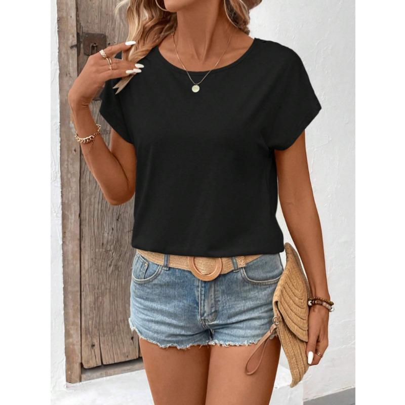 Summer Back Lace Splicing Short Sleeved T-shirt O Neck Loose Office Blouse Women Sweet Hollow Out Solid Color Tops Female Elegant Simple Shirts