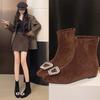 Foreign Style Inner Height Increase Rhinestone Suede Square Head Small Short Boots 2025 Autumn and Winter New Thin Fashion Celebrity Style Thin Boots