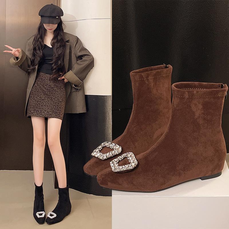Foreign Style Inner Height Increase Rhinestone Suede Square Head Small Short Boots 2025 Autumn and Winter New Thin Fashion Celebrity Style Thin Boots
