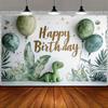 2D Süßes Dinosaurier Geburtstag Hintergrund Banner mit Grünen Aquarell Ballons & Blättern