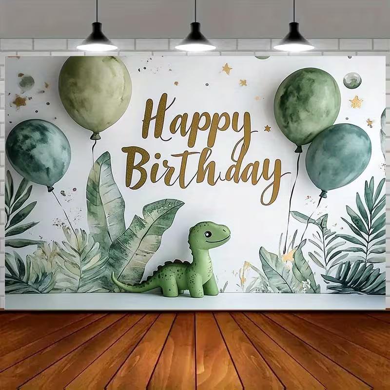 

2D Cute Dinosaur Birthday Backdrop Banner with Green Watercolor Balloons & Leaves 47.2x31.5inch/120*80cm