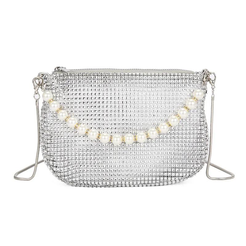 

Rhinestone Evening Tote Bag Purses for Women Shiny Pearl Dinner Party Wedding Handbag Designer Female Bucket Bag Shoulder Bag срібний