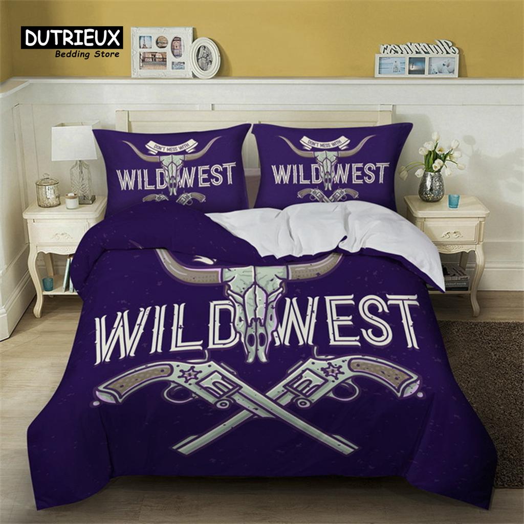 Western Cowboy Duvet Cover Set Traditional Rodeo Hat Bedding Set King For Kids Boys Teens Microfiber Sunset Scenery Quilt Cover