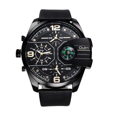 Men's Watch with PU Leather Band, 3 Time Zone Display, Analog Display, Quartz Movement, Waterproof, Compass Design, Large Dial, Easy To Read, Sports