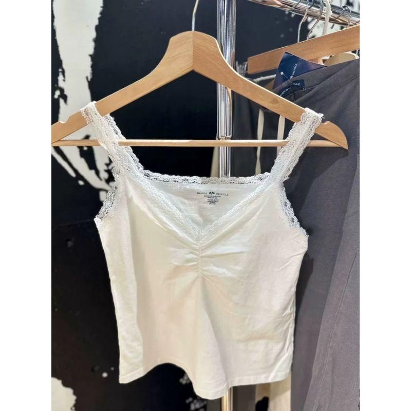 

BM Официальный сайт Женская летняя майка с рюшами и кружевом, V-образный вырез, 100% хлопок, облегающая, стройнящая и сексуальная, однотонная, топы-жилеты, нижнее белье White All yards