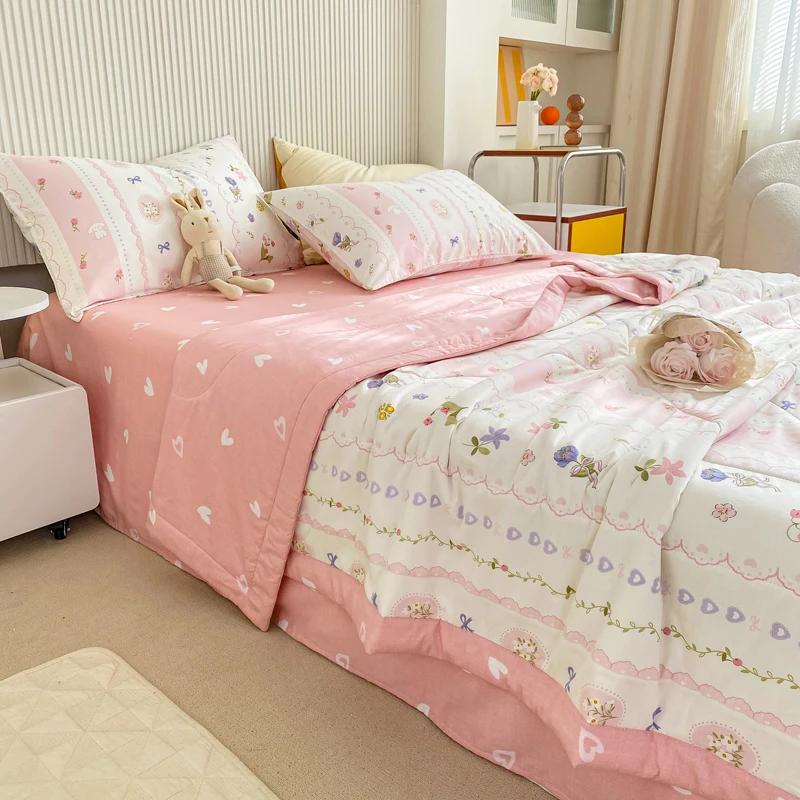 Fresh Floral Quilt 100% Cotton Flowers Print Air Conditioning Quilted Quilt Soft Breathable Lightweight Multifunction Blanket