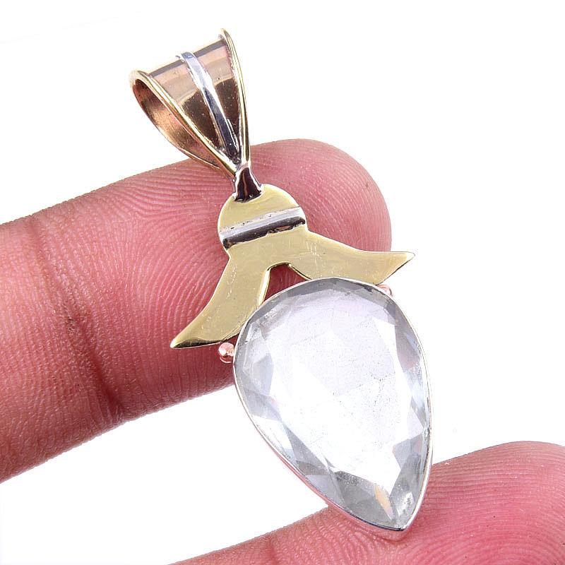 

Natural Crystal Quartz 925 Solid Sterling Silver Gift TwoTone Pendant 1.75 J6W34