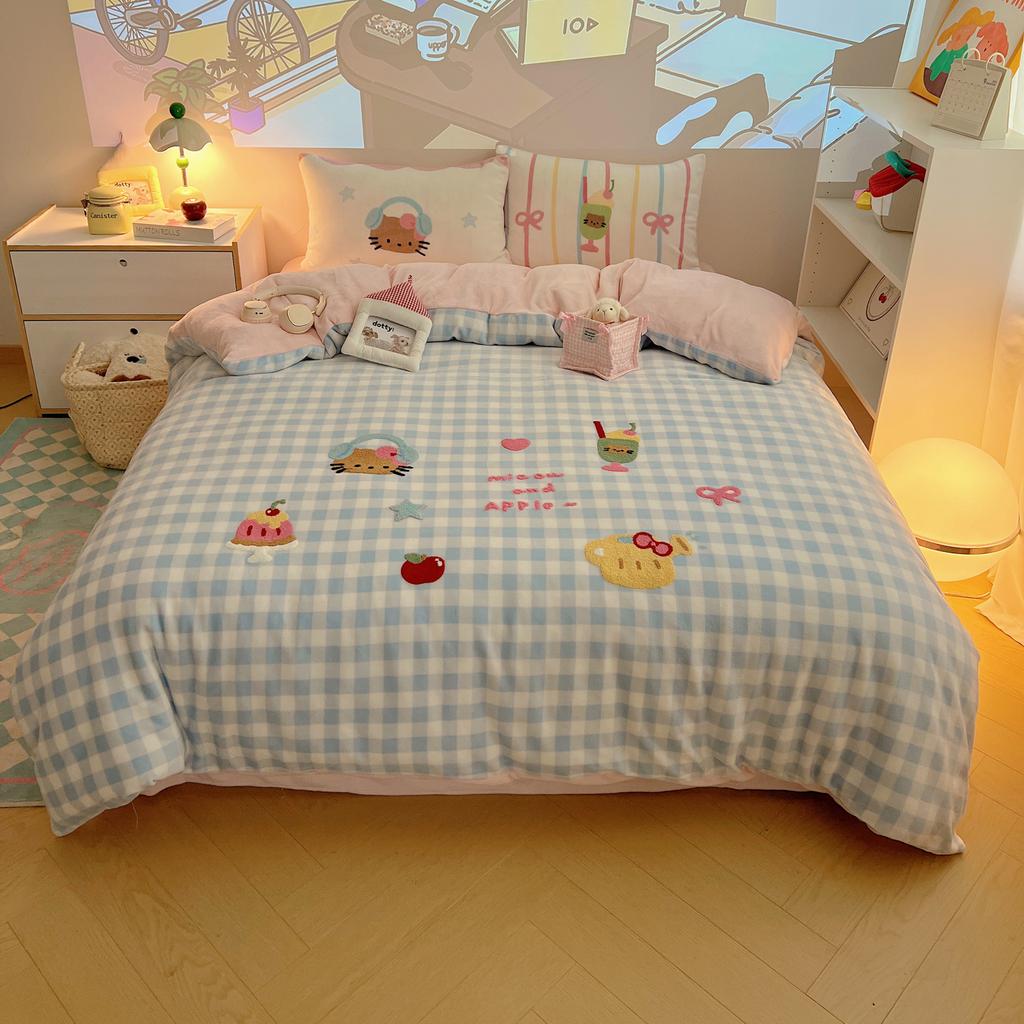 Thickened Milk Fleece Towel Embroidery Four-Piece Set 1.2M Bed Sheet Three-Piece Set, Gingerbread Small