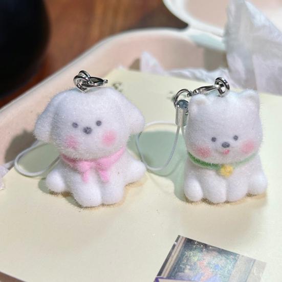 Decorative Pendant Flocking Puppy Shape Keychain Bag Charm with Lanyard Mobile Phone Bag Hanging Ornament