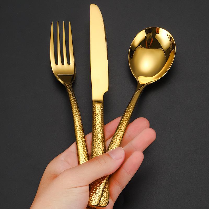 4/8/16Pcs Dinnerware Set 304 Stainless Steel Hammer Pattern Handles Steak Cutlery Fork Spoon Tableware Knives Dishwasher Safe