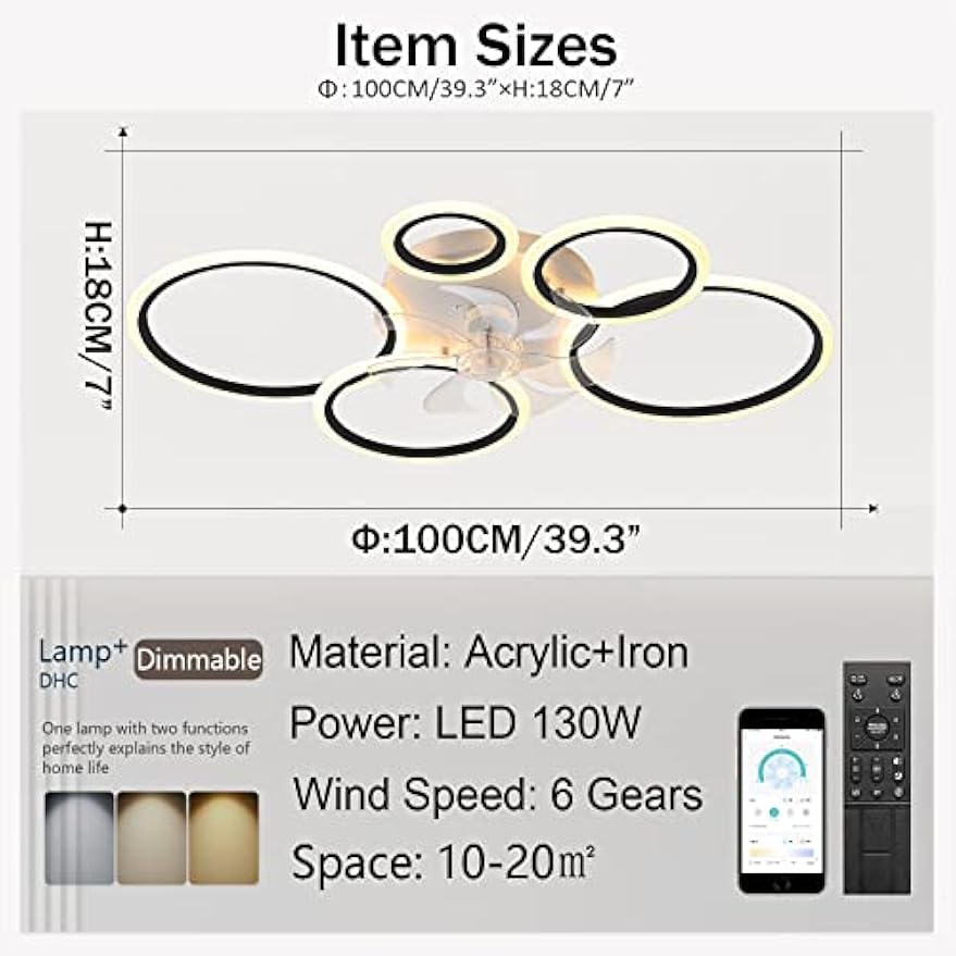 

Black Round Ceiling Fan Modern Silent Ceiling Fans with Lights and Remote 6 Speed Wind Silent for Bedroom Living Room 100cm RC Dim чёрный