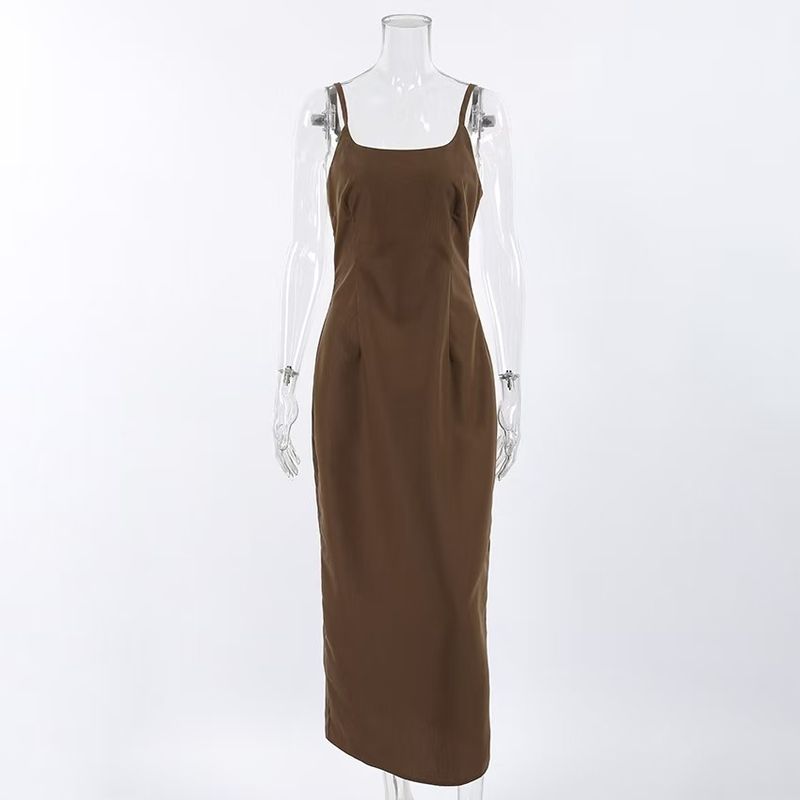 

Fashion Style Sexy Backless Slim Fit Sling Dress Female Backless Suspender Sexy Dress Dark brown S