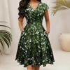 Summer V-neck Pocket Short Sleeve Printed Long Elegant Dress for Women European American Style