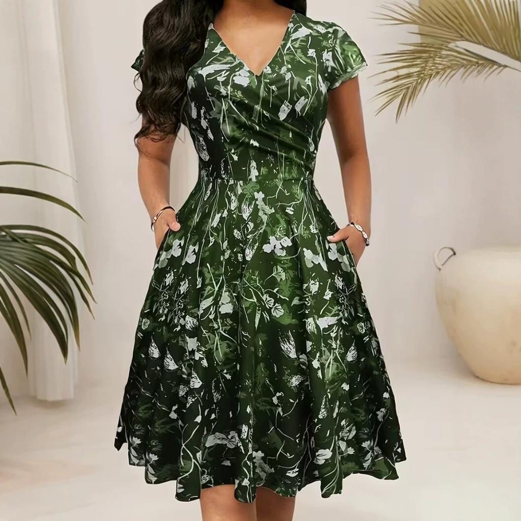 Summer V-neck Pocket Short Sleeve Printed Long Elegant Dress for Women European American Style