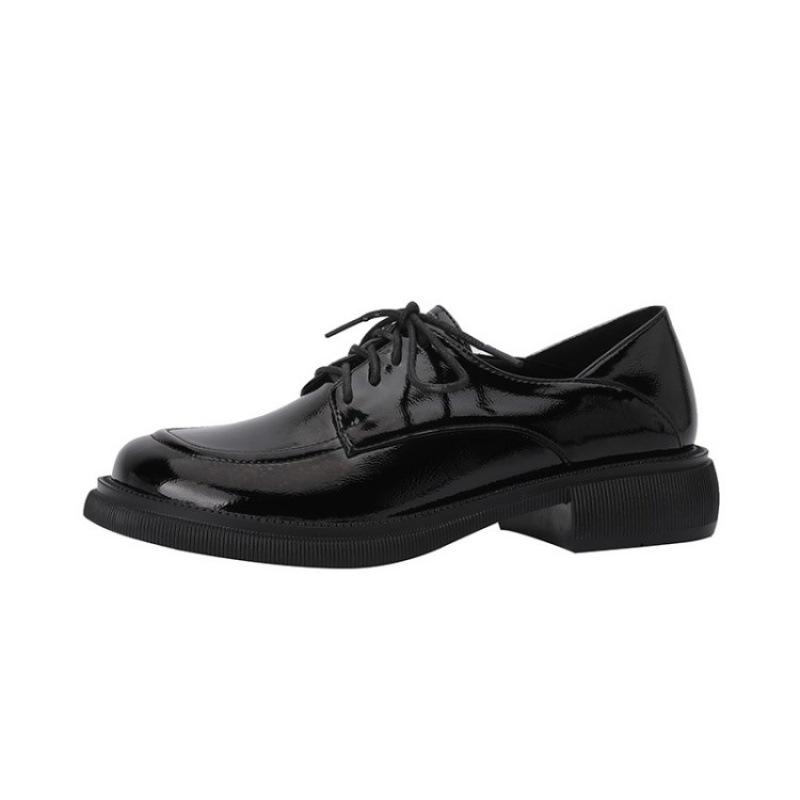 New platform fashion single shoes round head lace-up low top large size low heel casual square heel four seasons wear small leather shoes black