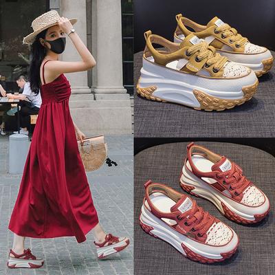 Dad Shoes Leather Surface Hollow Women's Summer New Retro Lightweight Inner Height Increase Casual Sports Shoes Platform Sandals