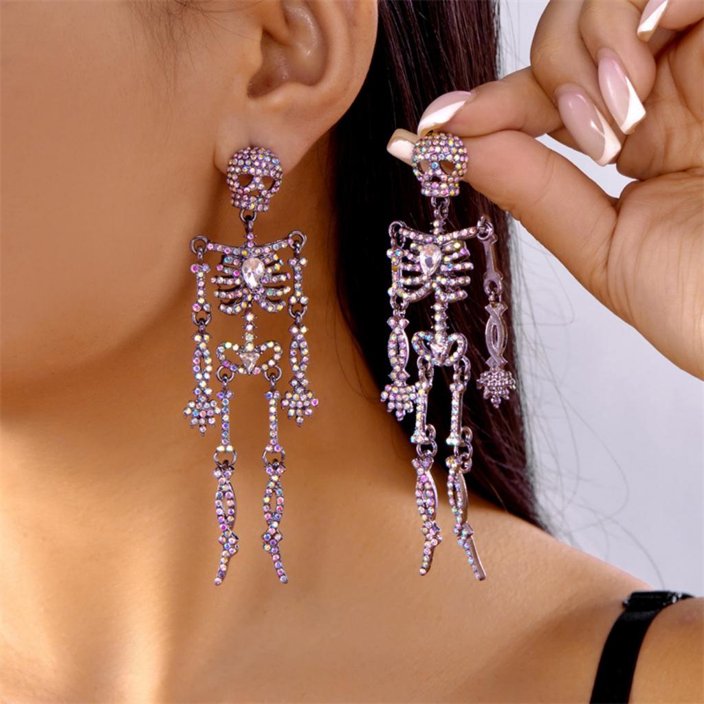 Sparkling Full Rhinestone Halloween Skull Earrings For Women Men Gothic Party Drop Dangle Earrings Punk Rock Statement Jewelry