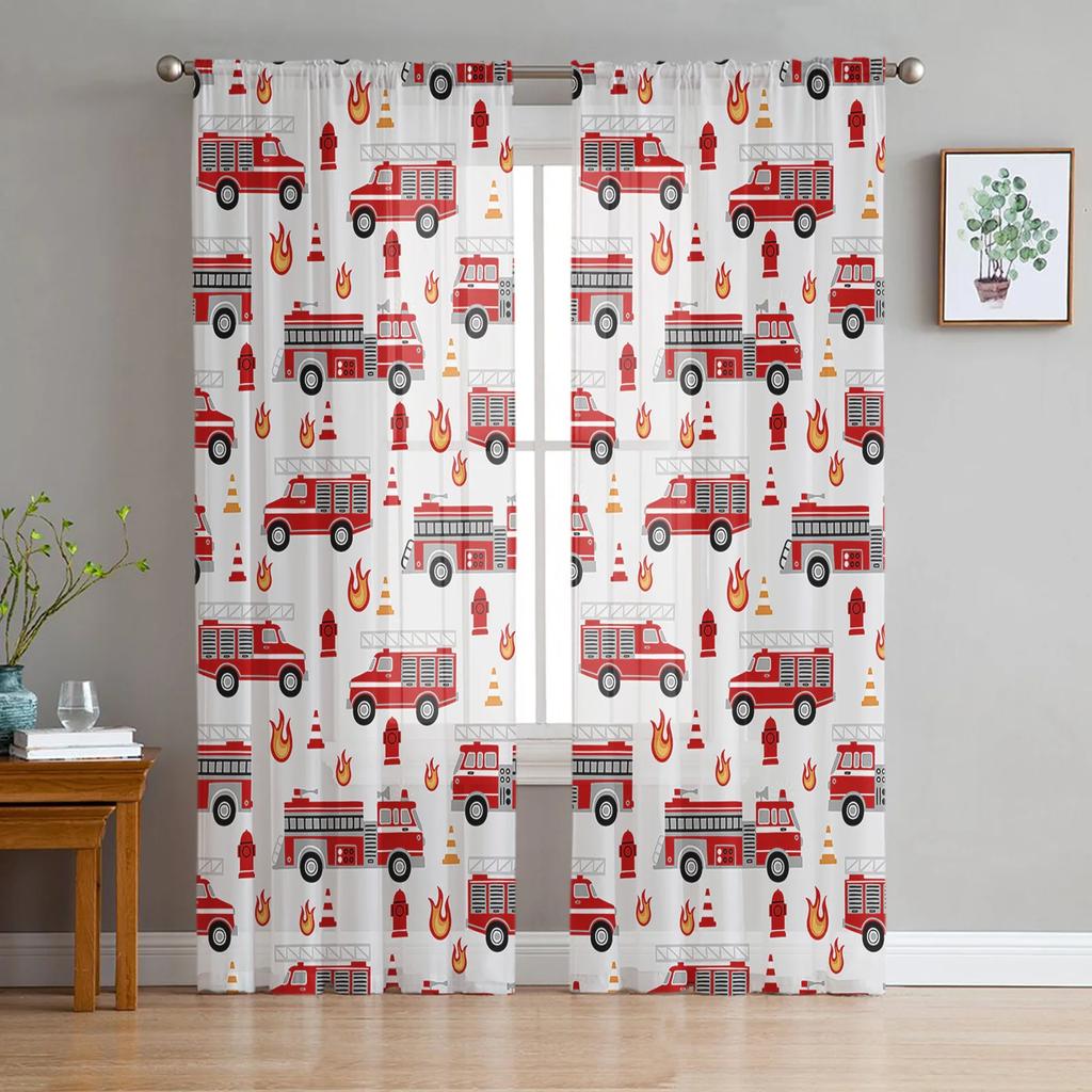 Tende Trasparenti Grigie con Camion dei Pompieri a Cartoni Animati per Camera da Letto Soggiorno Decorazione Tenda per Finestra per Cucina Tende in Tulle Voile Organza