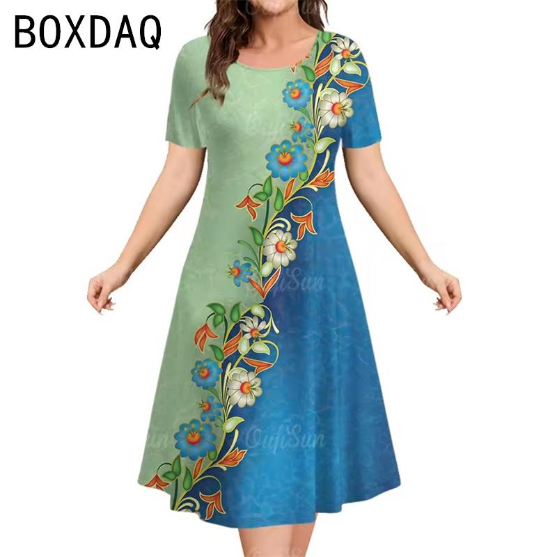 Oversized Women Dress Elegant Vintage 3D Floral Gradient Printed Dress Big Size Summer Short Sleeve Loose Casual A-Line Dress