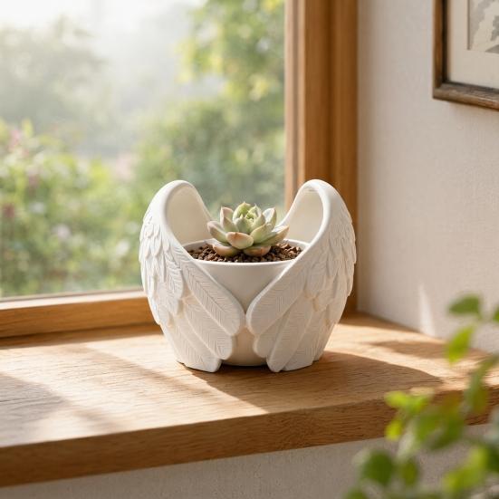 Angel Wings Planter, 3D Printed Decorative Flowerpot, White Feathered Wings Plant Pot for Succulents Small Plants