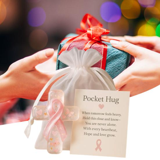 Pink Pocket Hug Token Breast Cancer Awareness Keepsake Transparent Prayer Token with Pink Ribbon Emotional Support Gift for Loved Ones