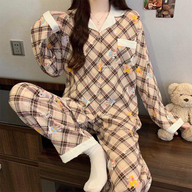 Cloud Cotton Korean Style Striped Plaid Pajama Set: Long Sleeve Cardigan & Pants for Indoor/Outdoor Wear, Real Shot.