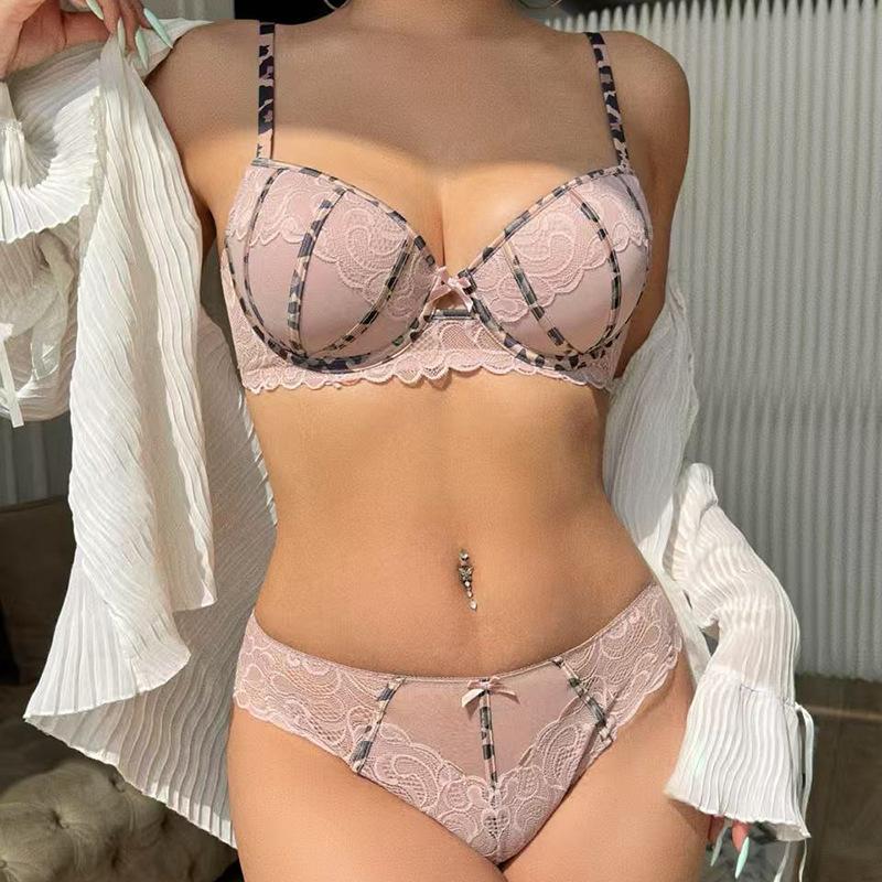 Europe Sexy Push Up Bra Set Women Lace Embroidery Lingerie Fashion Leopard Print Adjustable Strap Bra DE Cup Plus Size Underwear