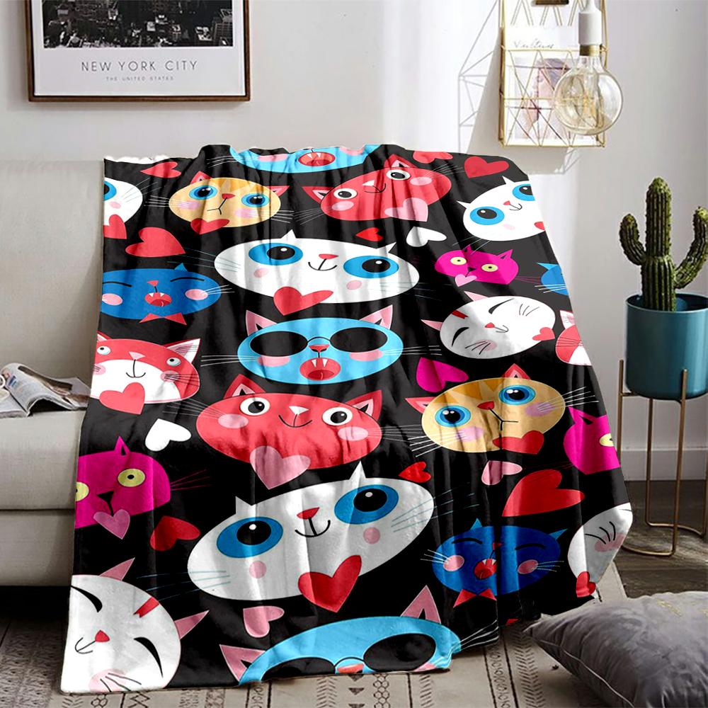 Colorful Cartoon Cats and Hearts DesignFlannel blanket for bedroom, living room, sofa, and nap