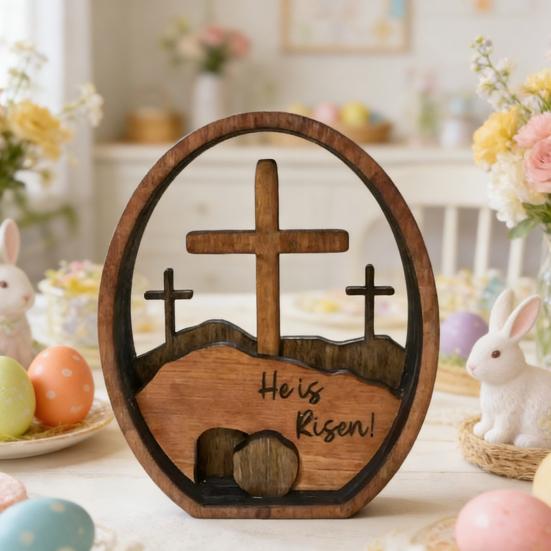 He Is Risen Easter Decoration Farmhouse Rustic Wooden Resurrected Tomb Table Sign Home Office Easter Party Desktop Ornament