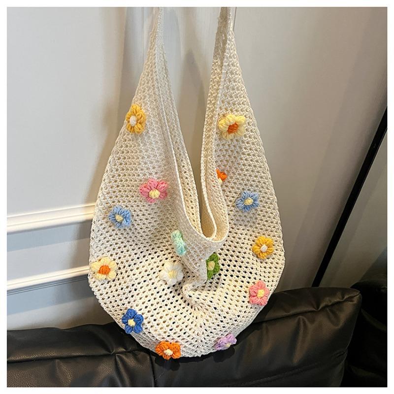 

Новая плетеная вручную сумка женская маленькая свежая повседневная большая вместимость на плечо персонализированная цветочная ажурная сумка белый