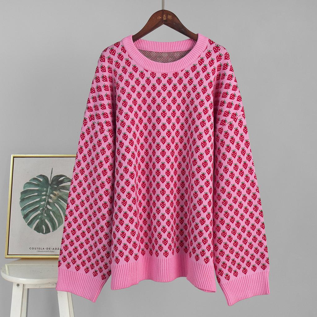 Strawberry Jacquard Sweater Women 2026 Fall Winter New Crew Neck Pullover Knit Top Loose Print