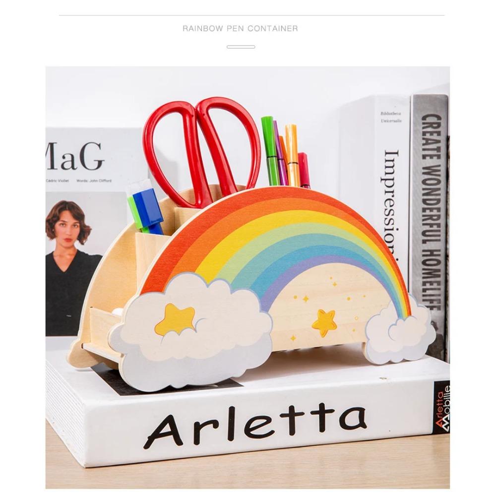 Lovely Wooden Rainbow Pen Container Multi-Compartment Pencil Case Desktop Stationery Organizer for School Office Gifts for Kids
