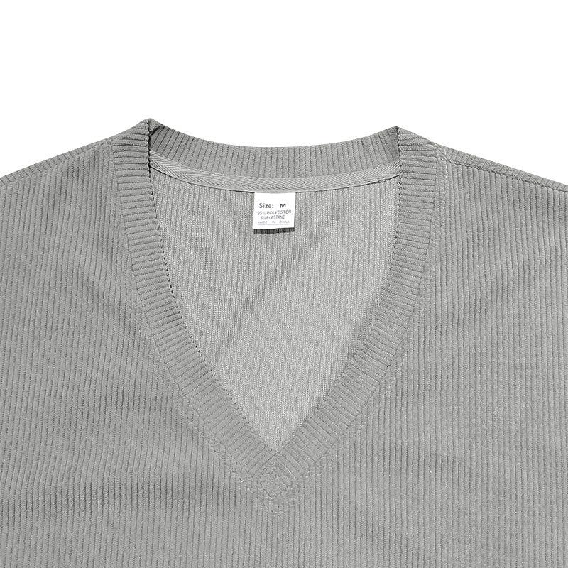 Herren Rippstrick V-Ausschnitt Kurzarm Slim Fit Lässig Einfarbiges T-Shirt