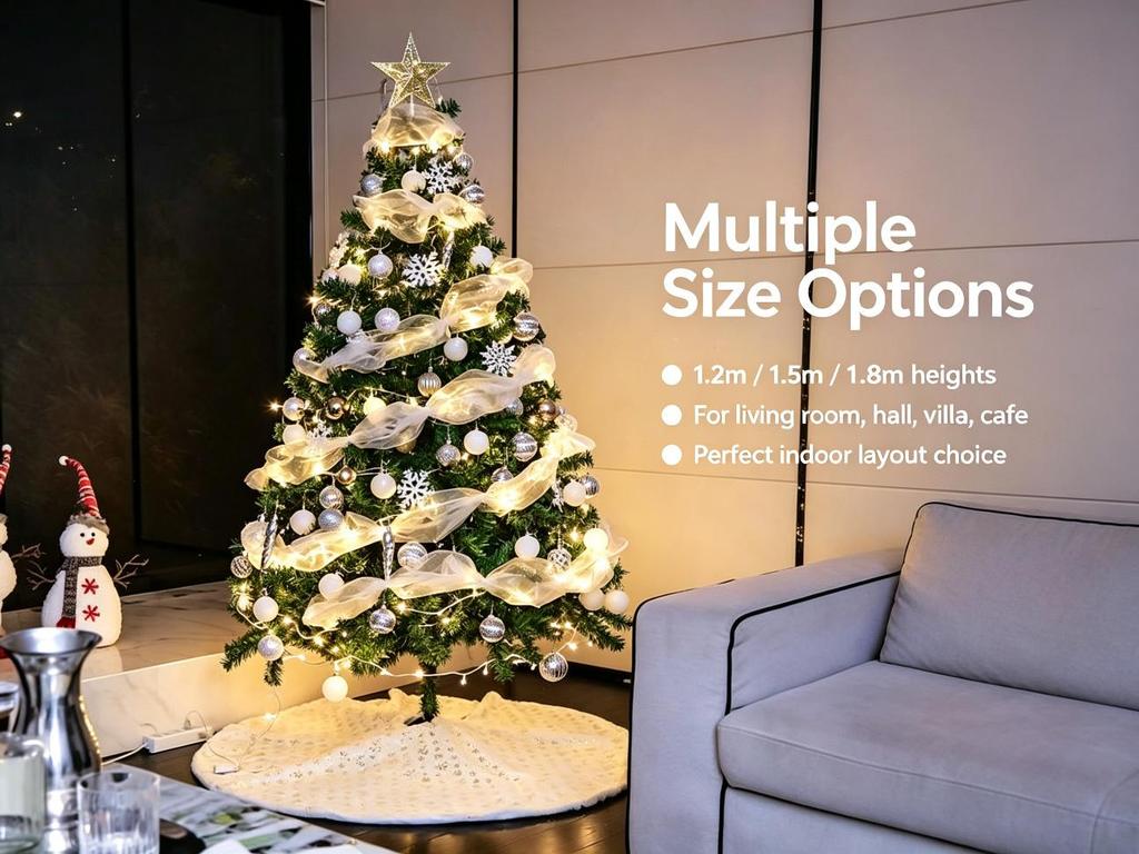 Foldable Artificial Christmas Tree Set, White Silver Decorations with LED Lights, 1.2m-1.8m Indoor Xmas Home Ornament