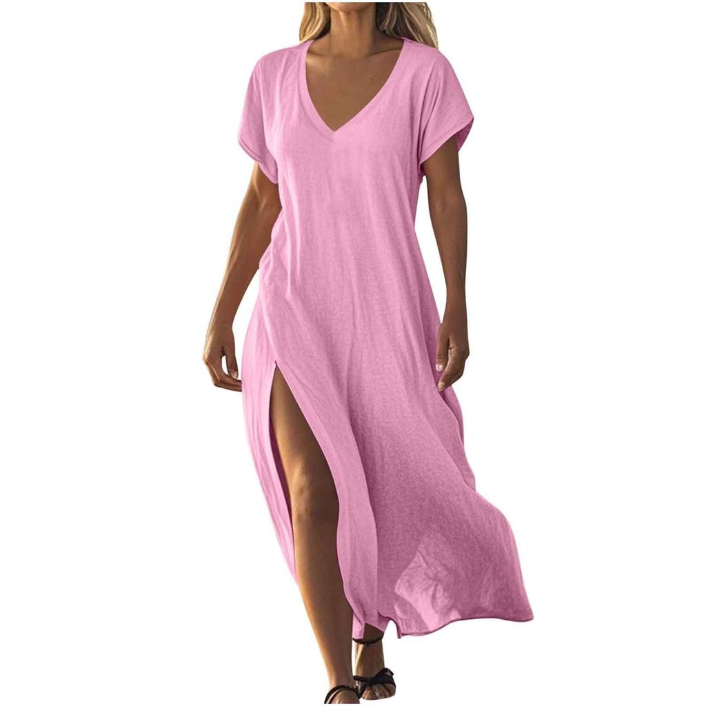 Fashion Women's Solid Color V-neck Long Dress Loose