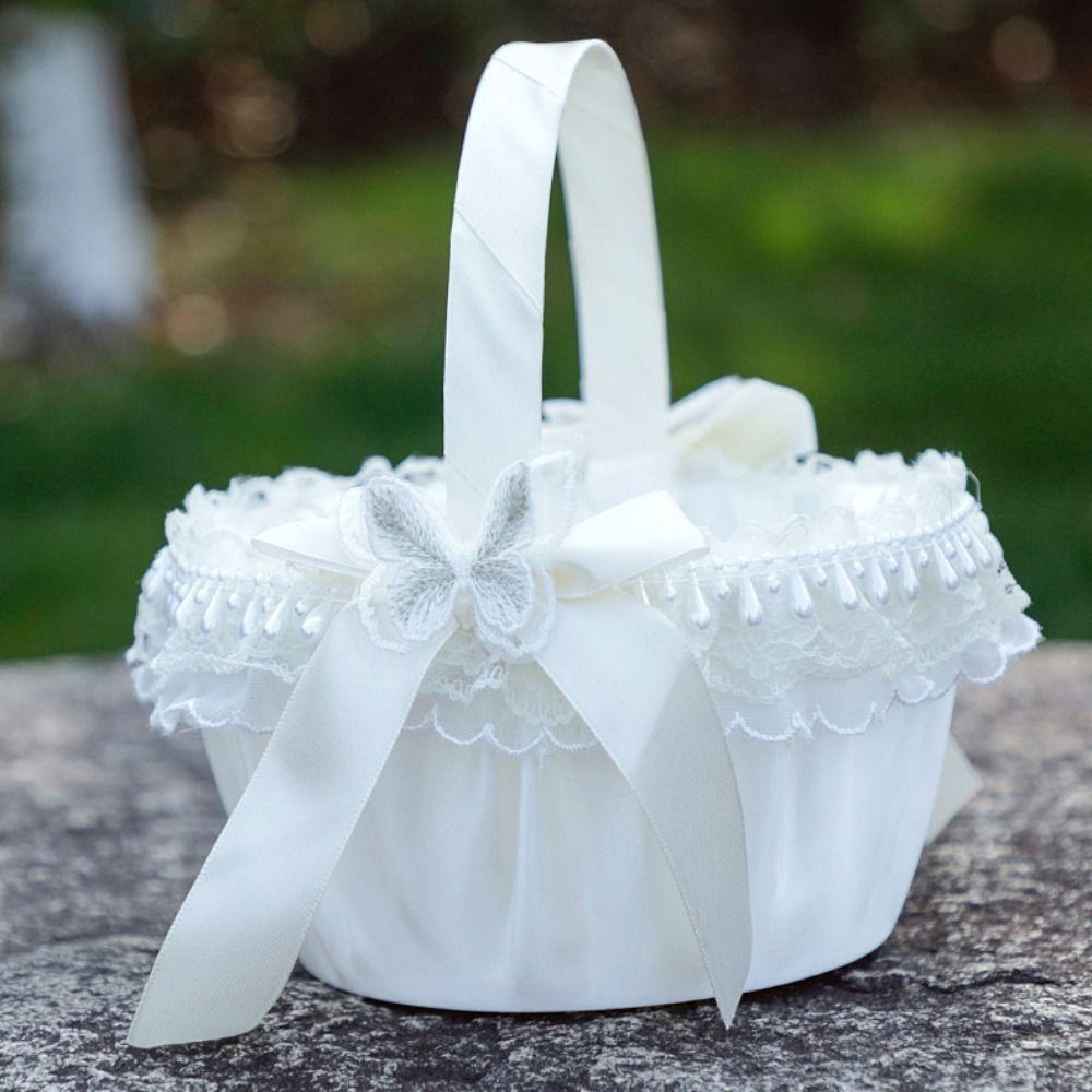 Ribbon Bow Flower Girls Basket Rose Flower Satin Bow Hanbag Sweet Wedding Party Decorations Party