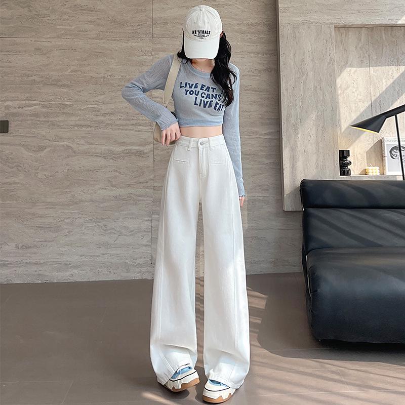 

Women s High-Waisted White Retro Wide-Leg Jeans - Slimming, Floor-Length, Fashionable Pants for Spring and Autumn S