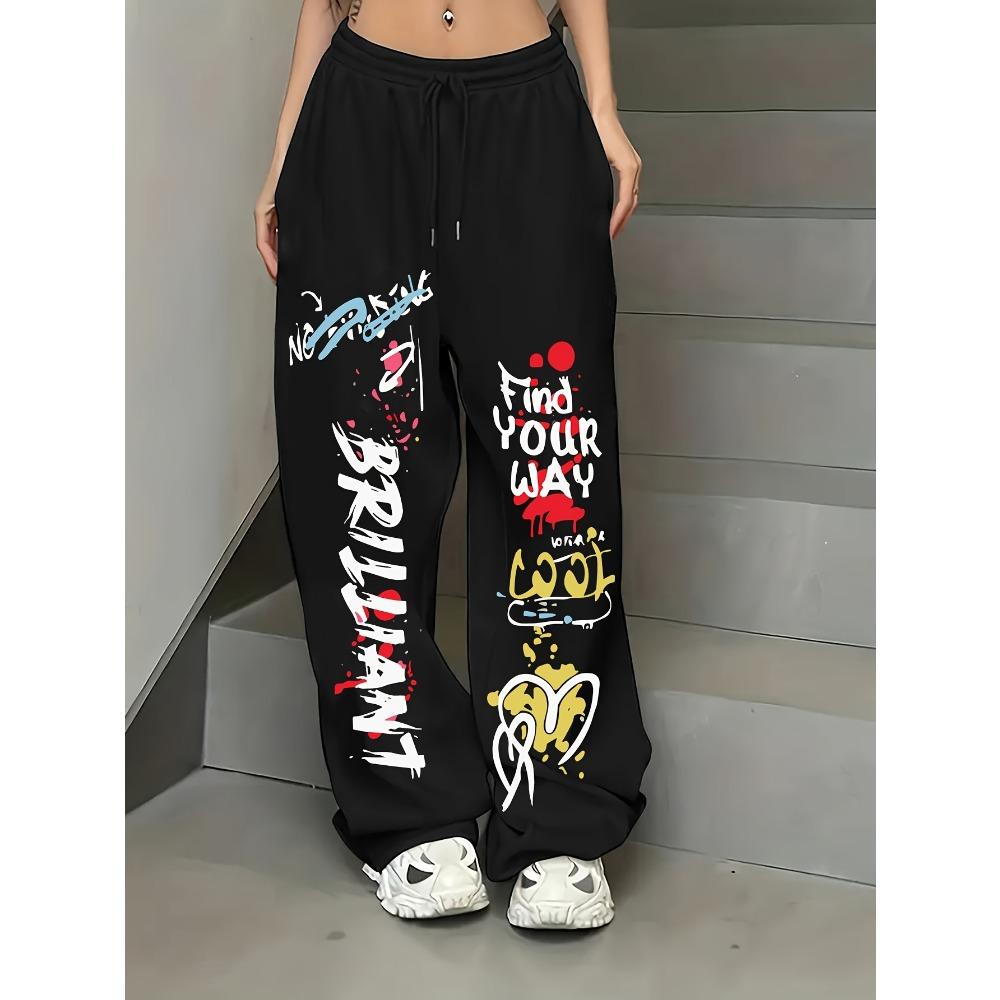 Street Graffiti Print Loose Straight-leg Pants, Women s Wide-leg Trousers S