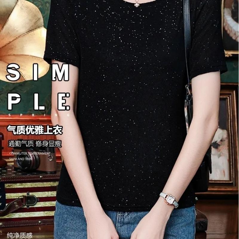 

Women s Black Sparkle Ribbed T-Shirt Short Sleeve Crew Neck Slim Fit Casual Top L чорний