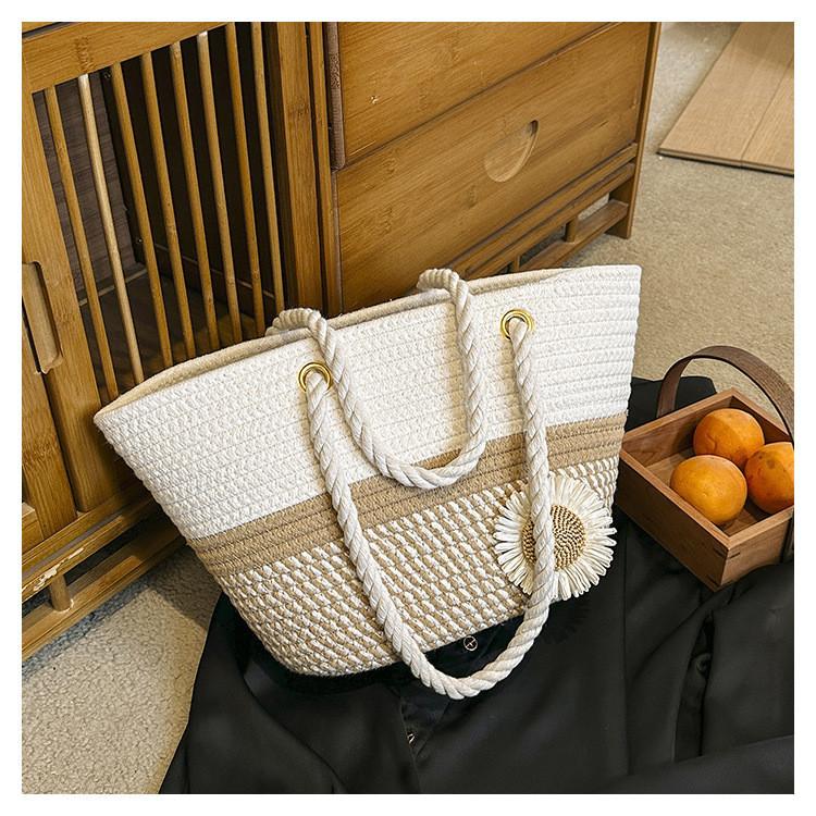Large Woven Tote Bag For Women 2023 Summer Fashion Sunflower Handbag Casual Vacation Shoulder Bag