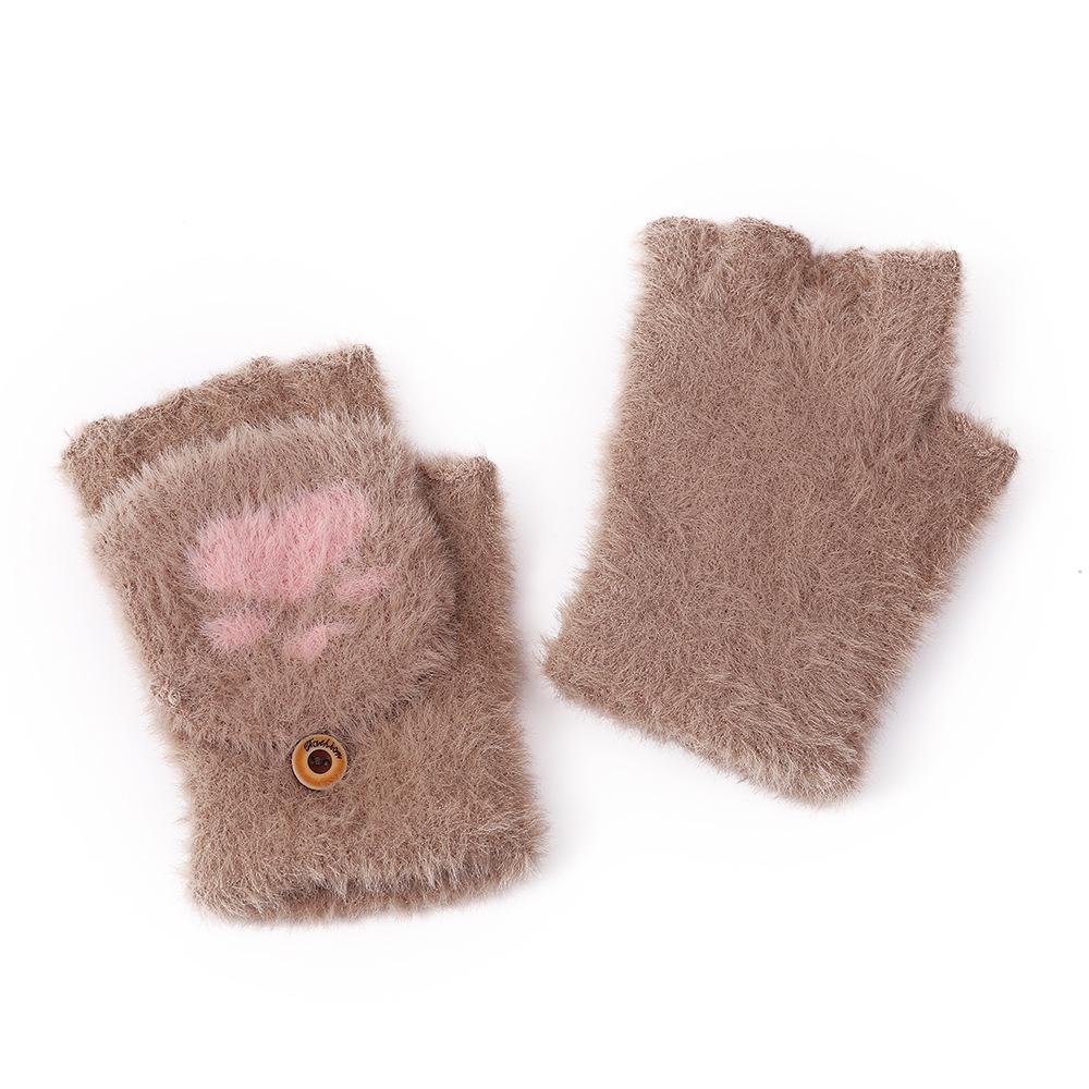 Korean Style Cat Paw Touchscreen Half-Finger Warm Gloves - Fleece-Lined Knitted Design for Students & Ladies