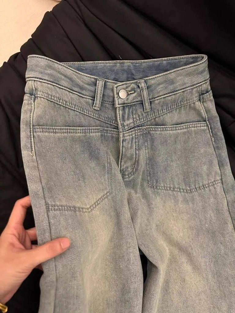 Fleece-Lined Thickened Wash Slim-Fit Wide-Leg Floor-Length Straight Jeans for Autumn/Winter