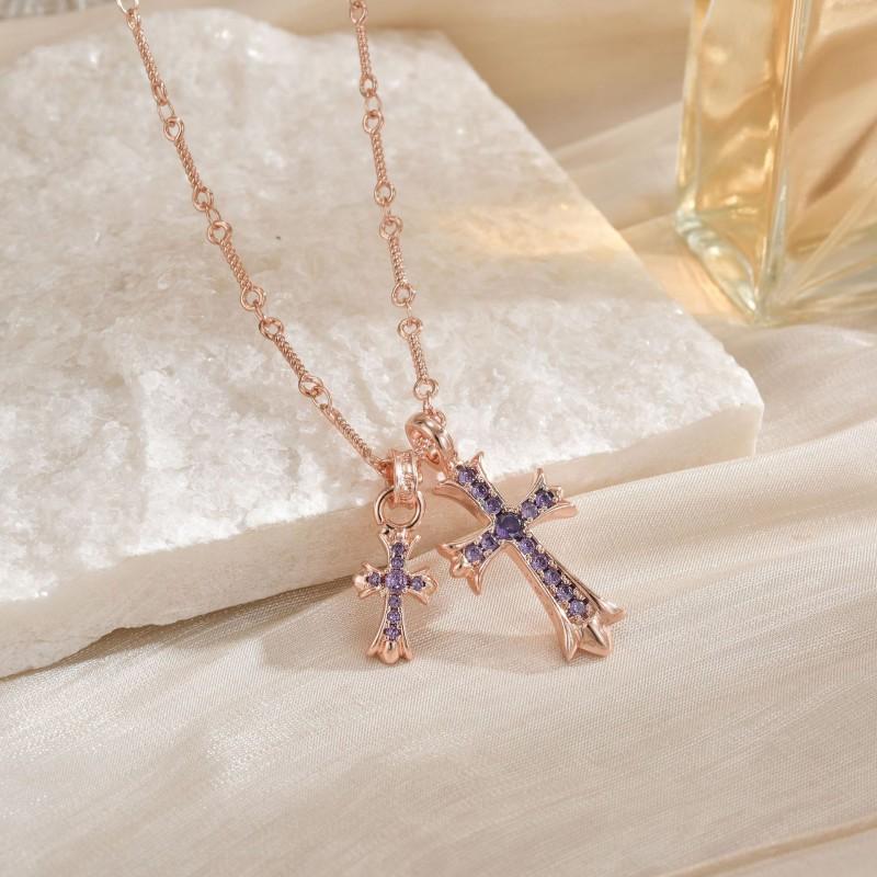 Double Cross Pendant Necklace Couples Titanium Steel Charm With Colored Cubic Zirconia Gold Rose Chain