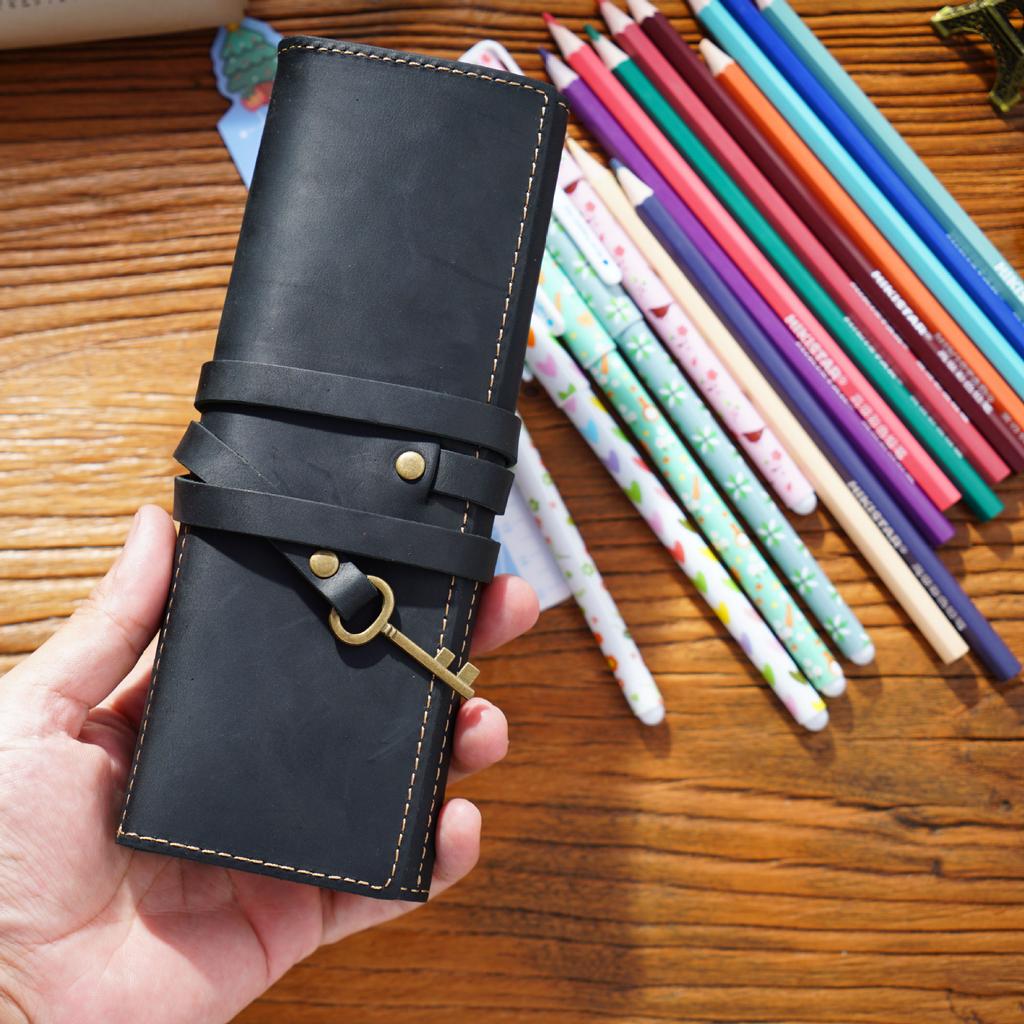 Vintage Foldable Brush Roll Pencil Cases Durable Crazy Horse Cow Leather Pen Organizer Fountain Pen Pouch Holder Zipper Closure