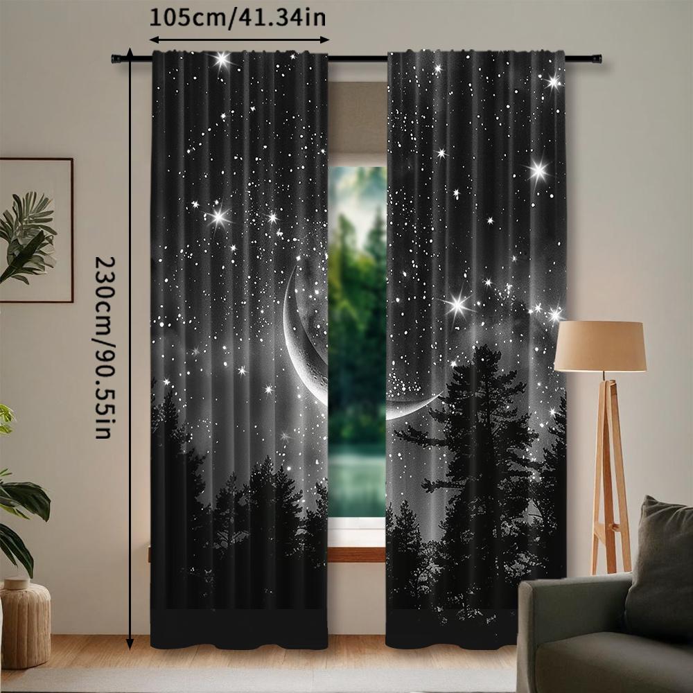 2pcs Forest Starry Sky Moon Night Curtains - Black Rod Pocket Window with Crescent Moon & Starry Sky Design   Perfect for Bedroom